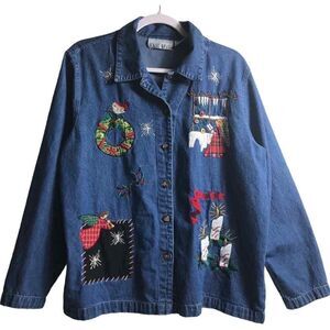 Casey & Max Embroidered Vintage Denim Christmas Button Down Jacket
